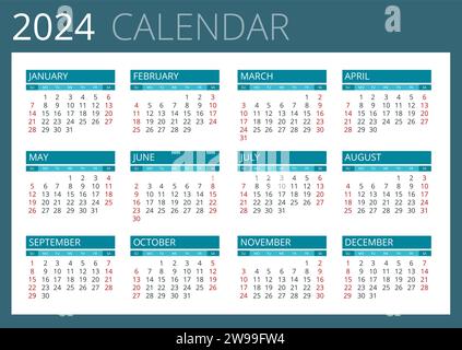 Pianificatore calendario per il 2024. Calendario da parete colorato in inglese su sfondo bianco. Modello di calendario per il 2024. Calendario aziendale e aziendale 24 Illustrazione Vettoriale