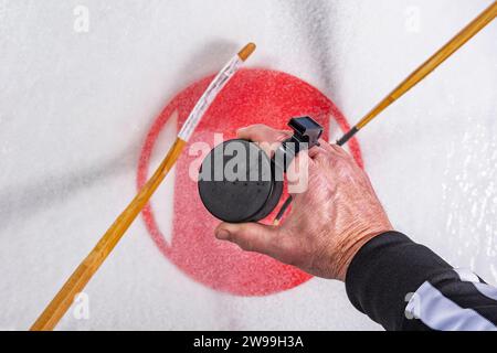 Guardando verso il basso un arbitro che cade a puck nel cerchio della faccia Foto Stock