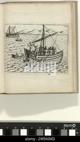 Incontro con una Lodja russa in mare, 1597, Anonimo, dopo Gerrit de Veer, 1598 stampare l'incontro con una Lodja russa, 12 agosto 1597. La chiatta si trova accanto alla nave russa dove gli olandesi comprano cibo e ottengono informazioni sul loro corso. Pagina di fronte 134 in: "Relazione Warhafftige. Der Dreyen Newen Unerhörten Seltzamen Schiffart so die Holländischen und Seeländischen Schiff .... Anno 1594, 1595 und 1596 eseguito '(1598). Incisione su carta di Norimberga New Zembla Foto Stock