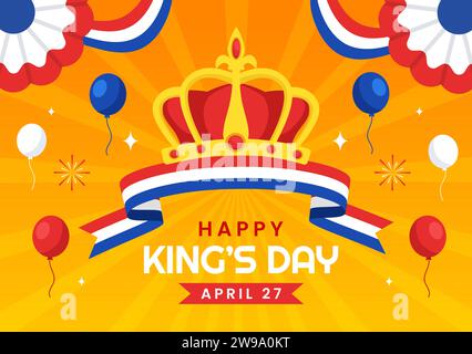 Happy Kings Netherlands Day illustrazione vettoriale il 27 aprile con bandiere e nastro ondulati nel disegno di sfondo di un cartone animato piatto celebrativo King Celebration Illustrazione Vettoriale