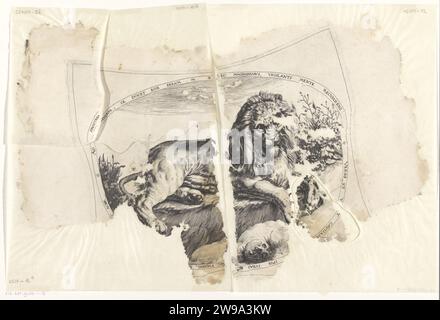 Leeuw, Jacques de Gheyn (II), 1580 - 1596 stampa rappresentazione ovale di un leone, giacente da un cranio. Per mostrare un bordo latino. Ricostruito da cinque frammenti. Incisione su carta dei Paesi Bassi settentrionali bestie di prede, animali predatori: leone Foto Stock