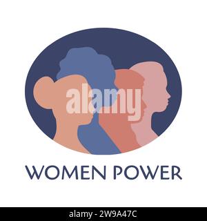 Potere femminile. Gruppo di ragazze di diverse etnie e culture insieme. Silhouette di donne di profilo. 8 marzo. Poster vettoriale alla moda Illustrazione Vettoriale
