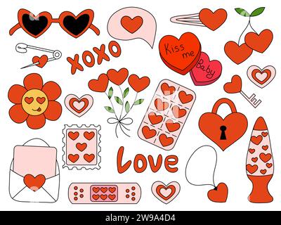 Elementi per San Valentino. Candy Heart, Envelope, Cherry, retro Lamp, Patch, occhiali da sole, spilla, fiori, francobollo. Illustrazione vettoriale piatta. Illustrazione Vettoriale