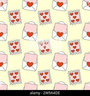 Motivo senza cuciture con busta e timbro postale. Sfondo di San Valentino. Illustrazione vettoriale. Timbro d'amore con i cuori. 14 febbraio. Illustrazione Vettoriale