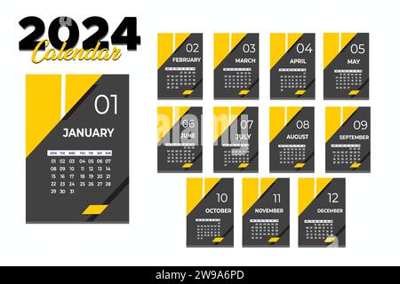 Illustrazioni vettoriali di Calendars 2024 Modern Layout. La settimana inizia lunedì. Calendario impostato per il 2024. Illustrazione Vettoriale