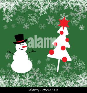Capodanno 2024. Pupazzo di neve e albero di Natale con una stella. Biglietto d'auguri e striscione con fiocchi di neve. Elementi per adesivi e stampe. Illustrazione vettoriale Illustrazione Vettoriale
