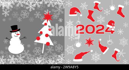 Copertina per Capodanno 2024 con pupazzo di neve e albero di Natale. Sfondo decorato con cappello Cartoon Babbo Natale e calze per regali. Modello di banner. Illustrazione vettoriale Illustrazione Vettoriale
