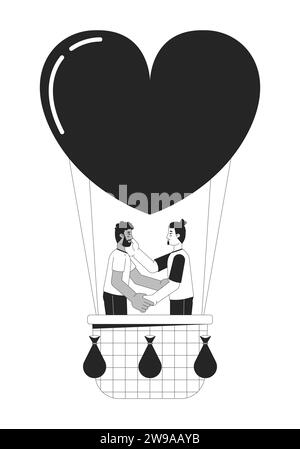 I ragazzi che galleggiano sui personaggi dei cartoni animati in 2D in mongolfiera in bianco e nero Illustrazione Vettoriale