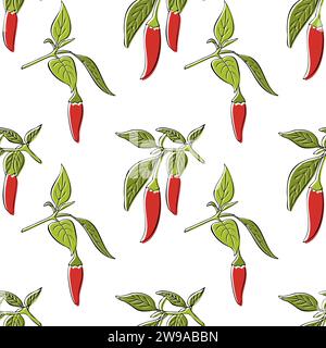 Rametto di peperoncino rosso caldo disegnato a mano su sfondo bianco. Colori rosso e verde. Illustrazione vettoriale Illustrazione Vettoriale