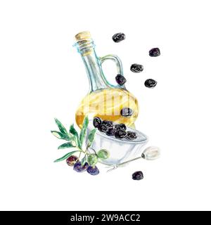 Set acquerello olio d'oliva. Rami, olive nere, piatto, forchetta. Vettore. Imballaggi alimentari, etichette, poster, menu, cartoline, opuscoli, striscioni, copertine. Illustrazione Vettoriale