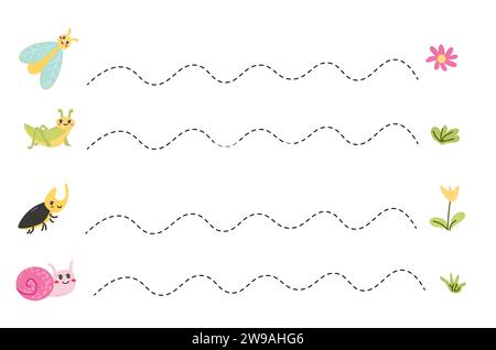 Graziosi insetti volano, cavalletta, scarabeo, lumaca. Illustrazione vettoriale in stile cartone animato piatto. Può essere utilizzato per il copybook per bambini. Illustrazione Vettoriale