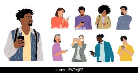 Persone in mano, che usano telefoni cellulari. Illustrazione Vettoriale