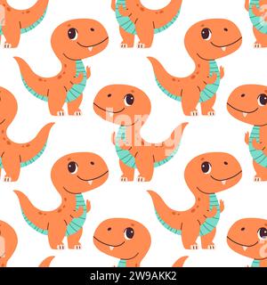 Simpatico dinosauro senza cuciture. Dinosauri dai colori tenui per la nursery e l'abbigliamento per bambini. Modello per bambini in stile cartone animato piatto. Illustrazione Vettoriale