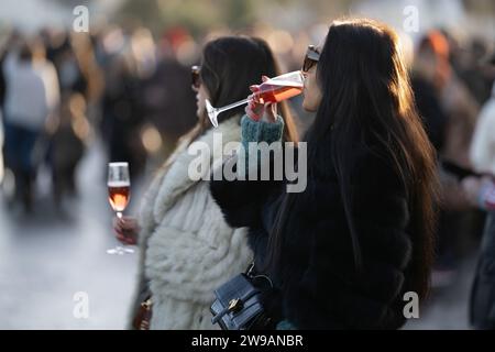 Essex, Regno Unito. 26 dicembre 2023. Centinaia di persone partecipano all'Essex con gli agricoltori e Union Hunt per il suo annuale giro di Santo Stefano dal Chequers Pub nel villaggio rurale di Matching Green, Regno Unito, nell'Essex. La caccia all'Essex si è incontrata regolarmente a Matching Green sin dall'inizio del XIX secolo, anche se dal 2004 non è stato permesso di usare cani per inseguire e uccidere le volpi. Crediti: MARTIN DALTON/Alamy Live News Foto Stock