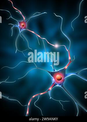 Trasmissione elettrochimica tra neuroni. Illustrazione digitale. Foto Stock