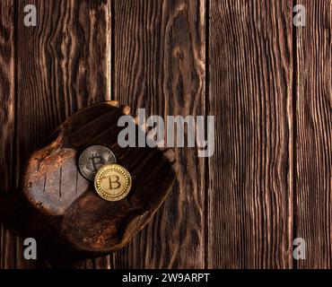 Palme scolpite in legno con due bitcoin su fondo di legno di tavole marroni con una consistenza pronunciata. Foto Stock