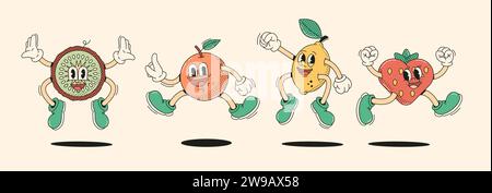 Personaggi che saltano frutta e fragole in un set di illustrazioni vettoriali in stile cartoni animati retrò. Design d'animazione vintage del giardino tropicale Illustrazione Vettoriale