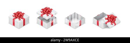 Semplici confezioni regalo con fiocco di colore rosso, realistico set di illustrazioni vettoriali. La confezione quadrata in cartone per le feste presenta elementi 3d su bianco Illustrazione Vettoriale