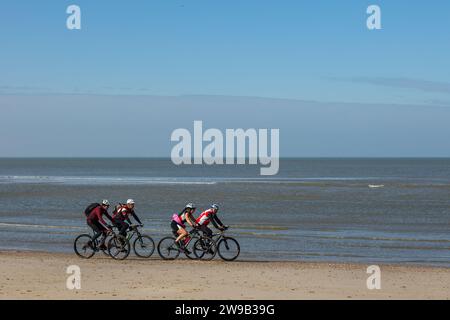 Mountain biker che pedalano sulla spiaggia vicino al mare vicino Egmond aan Zee nei Paesi Bassi Foto Stock