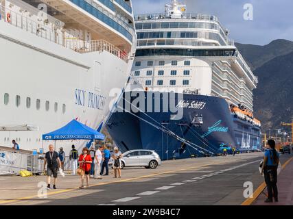 Mein Schiff 3 nave da crociera di proprietà di TUI ancorata accanto alla nave da crociera Sky Princess, di proprietà di Carnival Corporation presso il terminal delle navi da crociera Muelle Sur, Tenerife Foto Stock