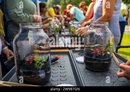 Gruppo di persone riunite per l'ambiente in un'officina per piantare semi in un vaso di vetro miniaturizzato con il terreno all'interno. Messa a fuoco selettiva e profondità ridotta Foto Stock