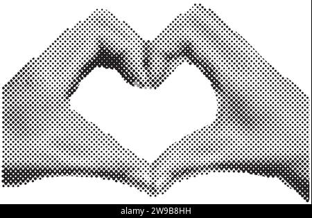 Banner collage con lancette effetto mezzitoni che mostrano il gesto del cuore. Sentimenti ed emozioni. Design moderno in stile rivista. Illustrazione vettoriale Illustrazione Vettoriale
