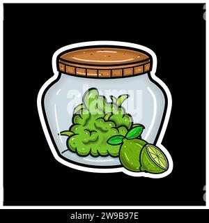 Aroma di lime con Cartoon Mascot of Weed Bud on Jar. Per adesivo ed etichetta. Vettore e illustrazione. Illustrazione Vettoriale