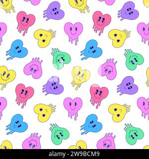 Motivo senza cuciture con cuori che si fondono in stile cartone animato su sfondo bianco. Illustrazione Vettoriale