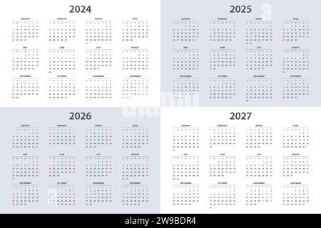 Pianificatore calendario per 2024, 2025, 2026, 2027. Calendario da parete colorato in inglese su sfondo bianco. Modello vettoriale Illustrazione Vettoriale