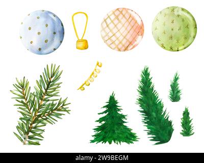 Set di rami di abete e decorazioni dell'albero di Natale. Palline di Natale rotonde in vetro con scintille. Illustrazione ad acquerello per le vacanze invernali. Natale e nuovo Foto Stock