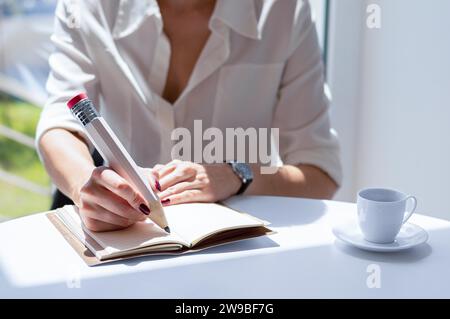 La ragazza scrive in un quaderno con una matita grande. Concetto di colloquio di lavoro, affari, successo. Supporti misti Foto Stock