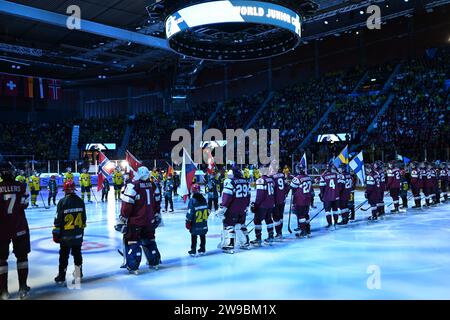 Gothenburg, Svezia. 26 dicembre 2023. Gothenburg, Svezia 20231226IIHF World Junior Championship girone Una partita di hockey su ghiaccio tra Svezia e Lettonia allo Scandinavium di Gothenburg, Svezia, 26 dicembre 2023. Foto: Björn Larsson Rosvall/TT/Kod 9200 crediti: TT News Agency/Alamy Live News Foto Stock