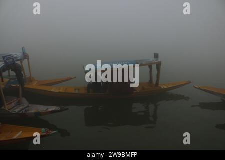 25 dicembre 2023, Srinagar Kashmir, India: Un uomo fila una barca sulle acque del lago dal durante una mattinata nebbiosa e fredda a Srinagar. Il dipartimento meteorologico locale ha previsto che le condizioni meteorologiche prevalenti continueranno fino al 31 dicembre nella regione himalayana. Il dipartimento Meteo avverte che ci sarà una maggiore diminuzione delle temperature e che il tempo nebbioso continuerà ad abbracciare la regione. Il Kashmir si trova attualmente in un periodo invernale duro di 40 giorni, la parte più fredda dell'inverno che inizia dal 21 dicembre al 29 gennaio di ogni anno. Il 25 dicembre 2023, Srinagar Kashmir, India. (Phot Foto Stock