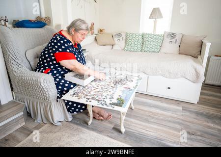 Una donna anziana che raccoglie puzzle mentre è seduta su una sedia nella sua stanza luminosa a casa. Foto Stock