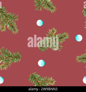 Modello invernale senza cuciture con piccoli rami di piselli rotondi e abeti. Rametto di pino con illustrazione ad acquerello per la decorazione festiva del 2024 Foto Stock