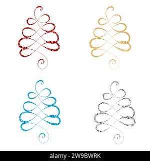 Set glitter art linea abete di pino natalizio. Disegno continuo a una linea. Illustrazione a mano libera design minimalista. Foto Stock