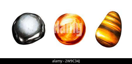 Acquerello radice e sacrale disegnate a mano, plesso solare chakra illustrazioni di pietre preziose. Hematit, calcite arancio e corniola, talisma curativo dell'occhio di Tigre Foto Stock