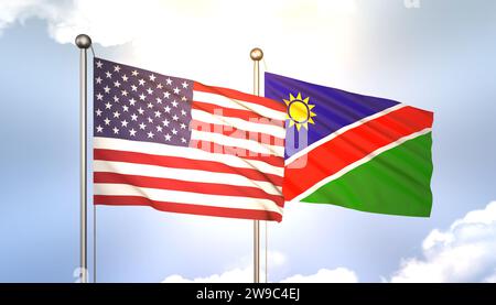 3D Waving Namibia and USA on Flagpole on Blue Sky with Sun Shine Foto Stock