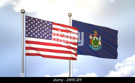 3D Waving Maine and USA on Flagpole on Blue Sky with Sun Shine Foto Stock