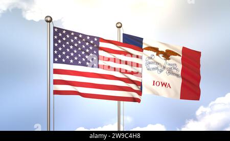 3D Waving Iowa and USA on Flagpole on Blue Sky with Sun Shine Foto Stock