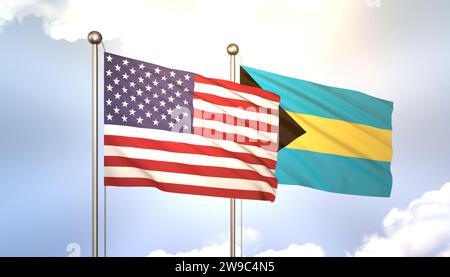 3D saltando Bahamas e USA su Flagpole su Blue Sky con Sun Shine Foto Stock