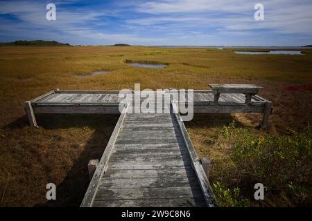 Una piattaforma di osservazione in legno con agenti atmosferici che si affaccia su una palude che atterra sul Martha's Vineyard Foto Stock