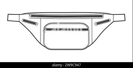 Silhouette della borsa per cintura. Illustrazione tecnica degli accessori moda. Borsa a mano vettoriale frontale vista a 3-4° per uomo, donna, unisex, borsetta piatta con disegno CAD isolato Illustrazione Vettoriale
