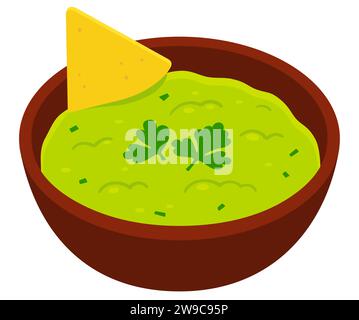 Ciotola di guacamole con disegno di cartoni animati con tortilla di mais (nacho). Illustrazione grafica vettoriale isolata. Illustrazione Vettoriale