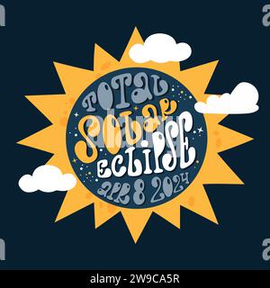 Banner disegnato a mano eclissi solare totale 8 aprile 2024. Disegno vettoriale con sfondo scuro. Illustrazione Vettoriale