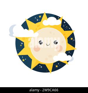 Simpatico personaggio lunare sorridente con luce solare dietro. Design vettoriale dell'eclissi solare per l'educazione dei bambini. Illustrazione Vettoriale