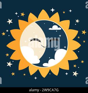 Simpatico design a eclissi solare per bambini. Luna sorridente e sfondo solare con stelle. Illustrazione Vettoriale
