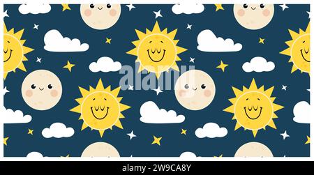 Motivo carino e senza cuciture con luna e sole sorridenti. Design vettoriale per asili, poster, magliette per bambini. Illustrazione Vettoriale