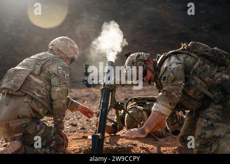 I soldati dell'esercito degli Stati Uniti provenienti da varie compagnie assegnate alla Task Force Tomahawk, a sostegno della Combined Joint Task Force-Horn of Africa (CJTF-HOA), e le forze francesi assegnate al 5e Overseas Interarms Regiment (RIAOM) partecipano a un'esercitazione congiunta di fuoco vivo con mortaio a Gibuti, il 25 agosto 2023. L’esercitazione congiunta live Fire ha permesso agli Stati Uniti di costruire una cooperazione regionale con i loro alleati al fine di lavorare insieme e migliorare la forza di combattimento di ogni nazione. (U.S. Air Force Photo staff Sgt. Jake Buck) Foto Stock