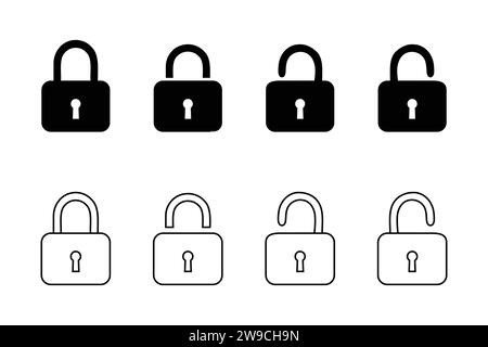 Aprire il vettore delle icone del lucchetto e del lucchetto. Illustrazione Vettoriale